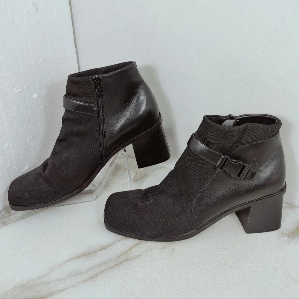St. John's Bay Bailey Black Leather Fabric Chunky Heel Ankle Boots, Sz 11